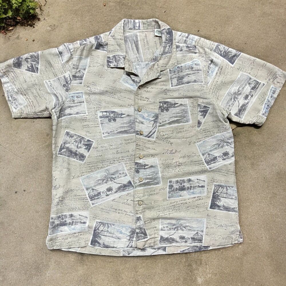 Batik Bay Vintage Casual AOP Photograph Button Front Silk Shirt Beige Mens Large
